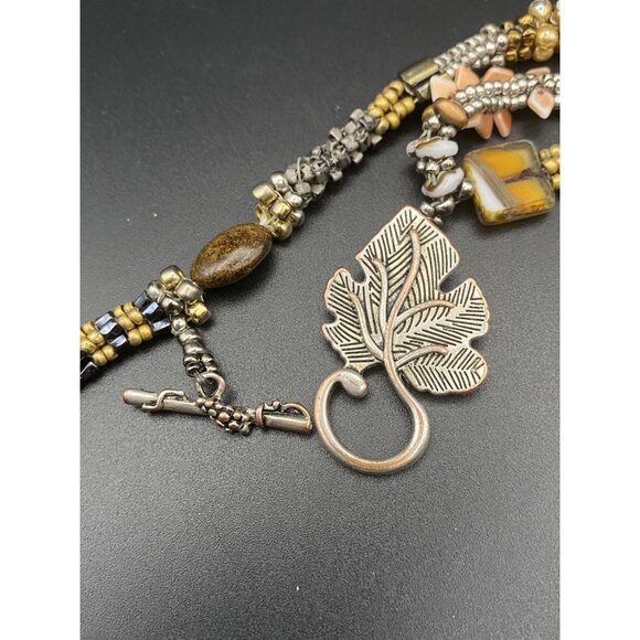 Artisan Necklace Boho Natural Stone Shell Glass Bead Antiqued Bronze Toggle 38" - Picture 11 of 13